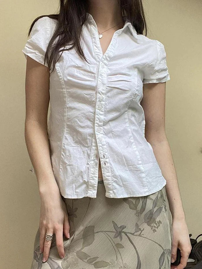 NOUVEAU RICHE Weißes Vintage Kurzarmhemd Mit Rüschen Und V Ausschnitt