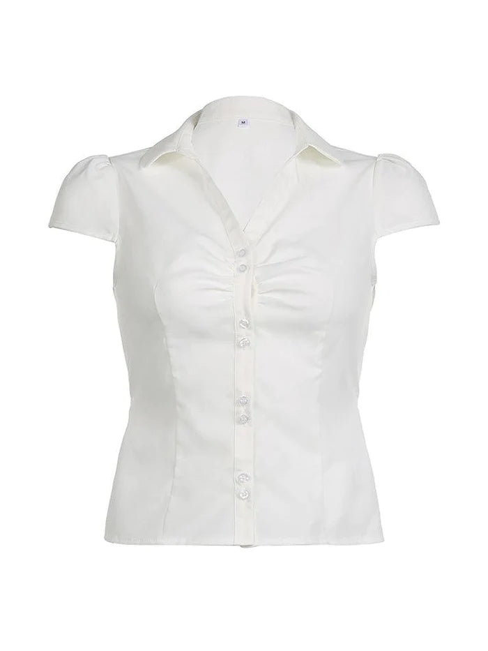 NOUVEAU RICHE Weißes Vintage Kurzarmhemd Mit Rüschen Und V Ausschnitt
