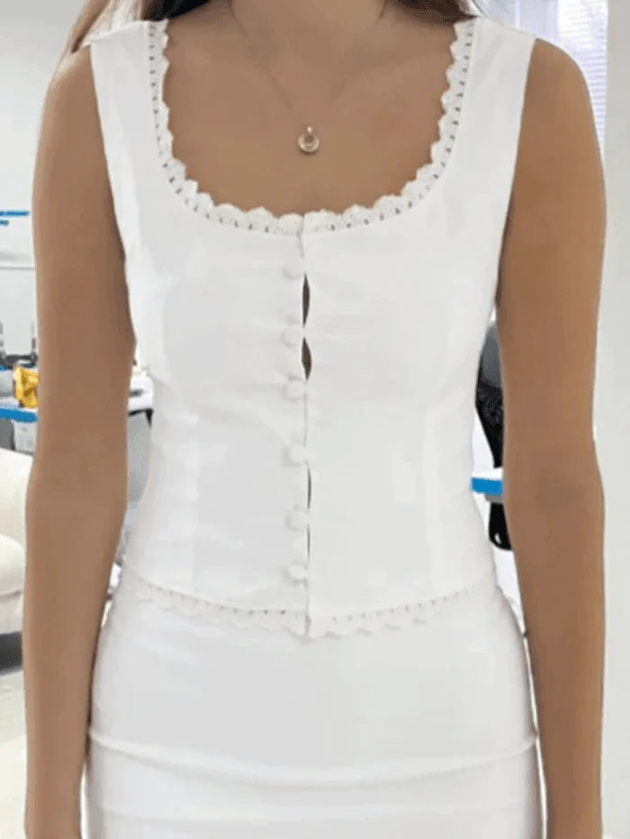 NOUVEAU RICHE Weißes Vintage Tanktop Mit Knopfleiste Und Spitzenbesatz
