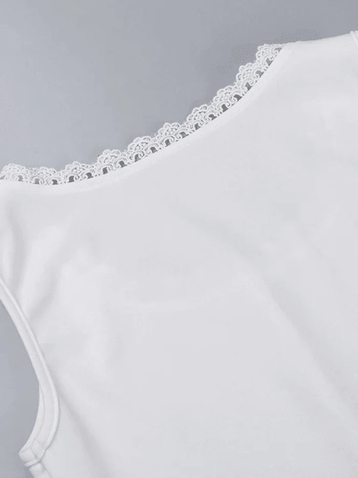 NOUVEAU RICHE Weißes Vintage Tanktop Mit Knopfleiste Und Spitzenbesatz