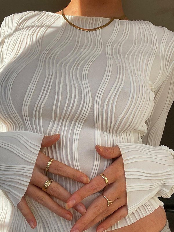 NOUVEAU RICHE Weißes Langärmliges Crop Top Mit Strukturstreifen Casual