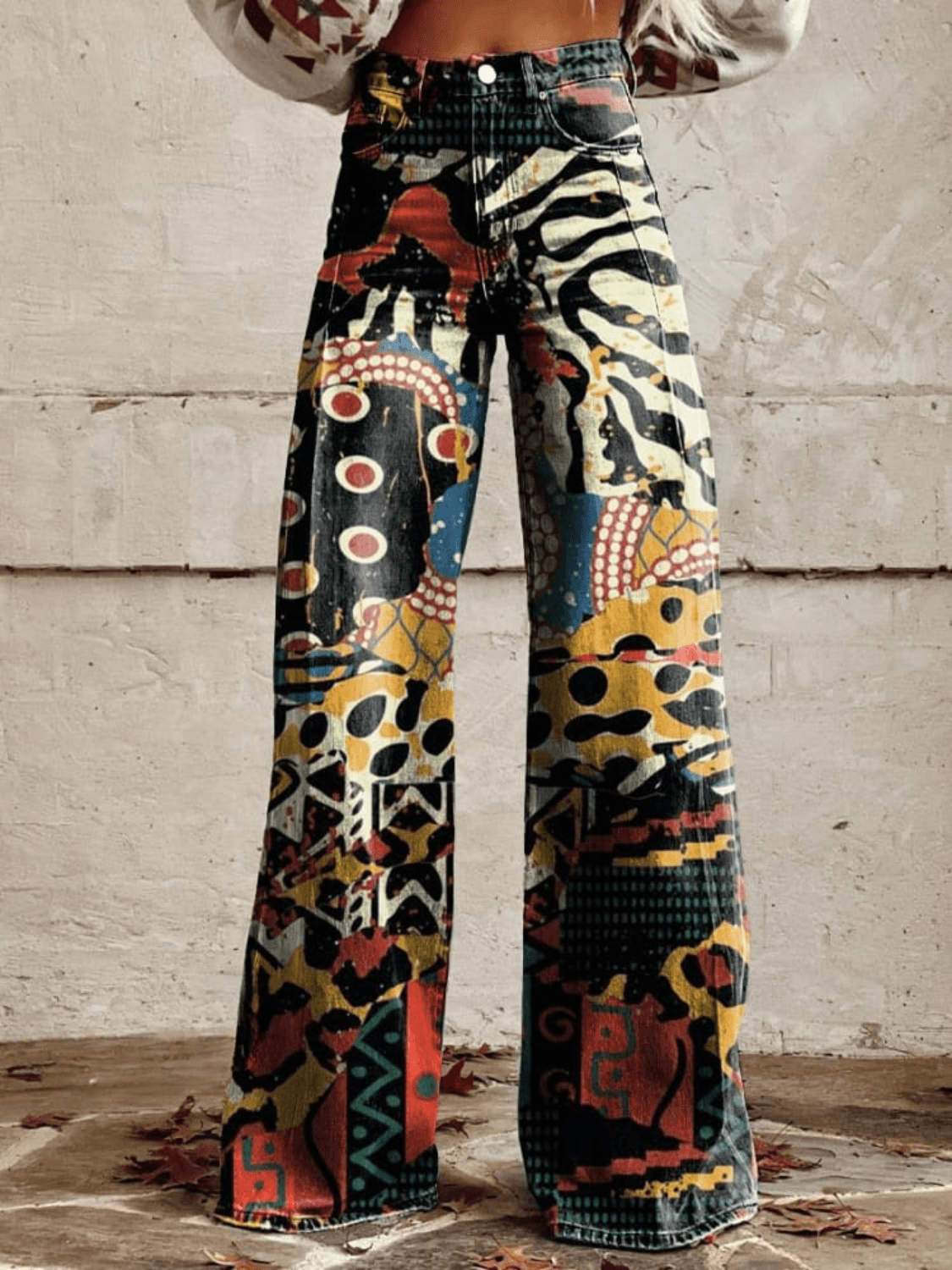 NOUVEAU RICHE Weite Damenhose Hoch Tailliert Mit Statement Abstract Print Im Denim Look Schwarz