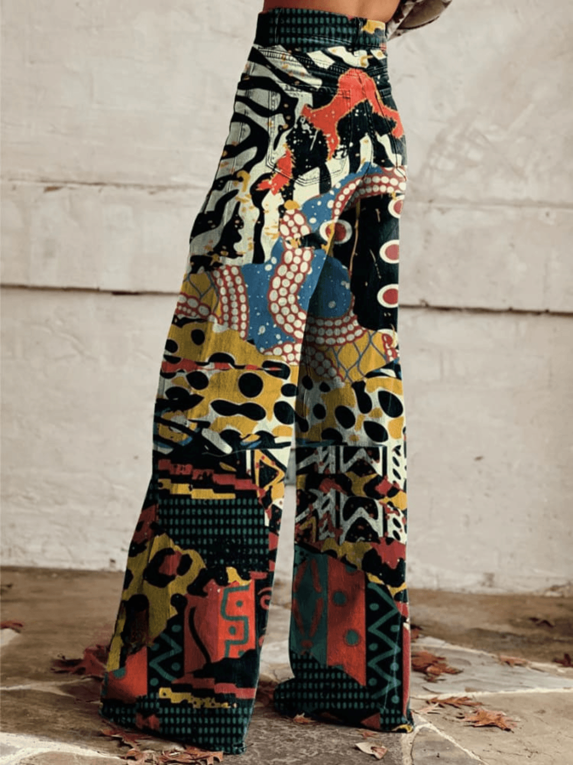 NOUVEAU RICHE Weite Damenhose Hoch Tailliert Mit Statement Abstract Print Im Denim Look