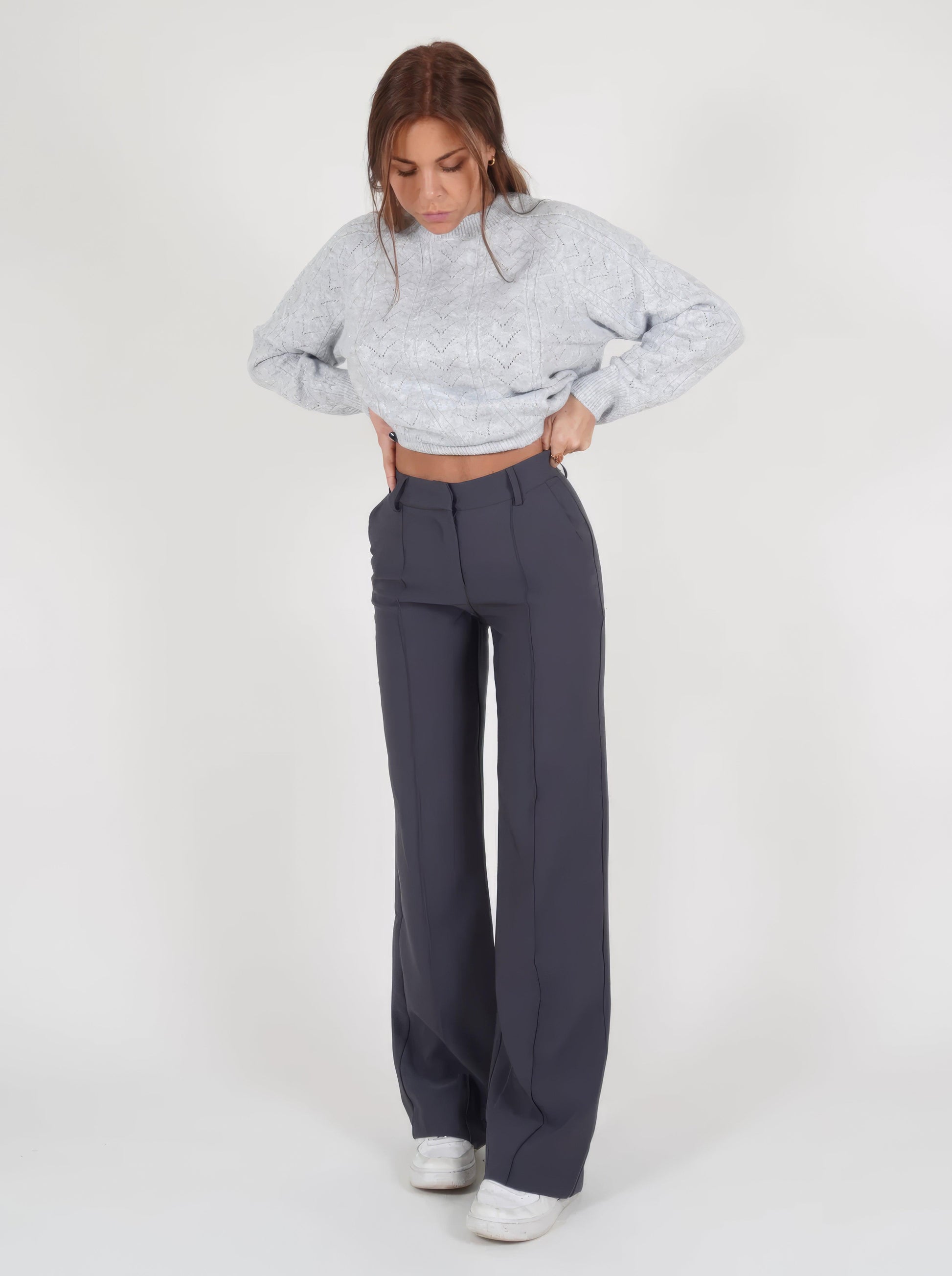 NOUVEAU RICHE Weite Damenhose Hohe Taille Taillierte Passform Elegante Freizeitkleidung für Vielseitige Stylings Grau