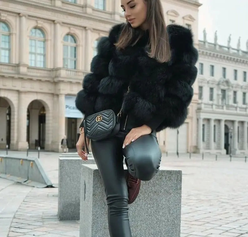 NOUVEAU RICHE Lacy | Dame Kunstfell Jacke - Eleganter Webpelz Mantel & Kurzjacke aus Fake Fur Schwarz