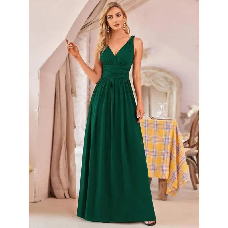NOUVEAU RICHE Damen Elegantes Ärmelloses Kleid Mit V-Ausschnitt Maxi Dunkle Grün