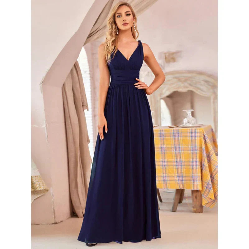 NOUVEAU RICHE Damen Elegantes Ärmelloses Kleid Mit V-Ausschnitt Maxi Marine Blau