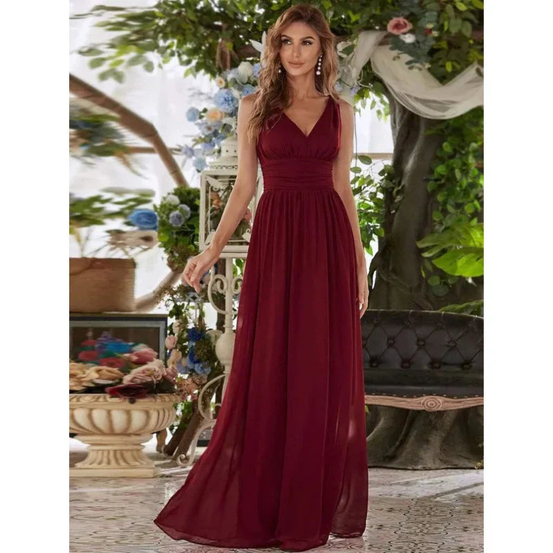 NOUVEAU RICHE Damen Elegantes Ärmelloses Kleid Mit V-Ausschnitt Maxi Rot Wein
