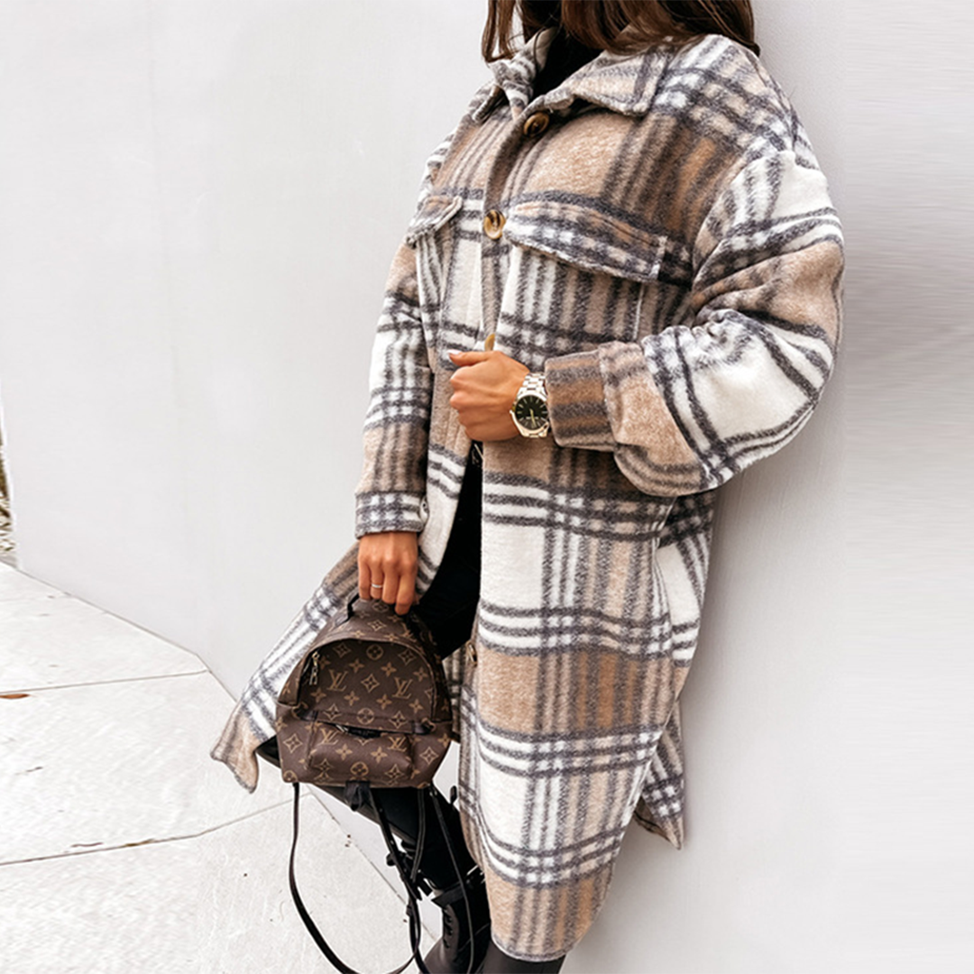 NOUVEAU RICHE Damenmantel Kariert Langmantel Alltagslook Herbstkollektion - Winterjacke - Wintermäntel Damen Weiß-Khaki