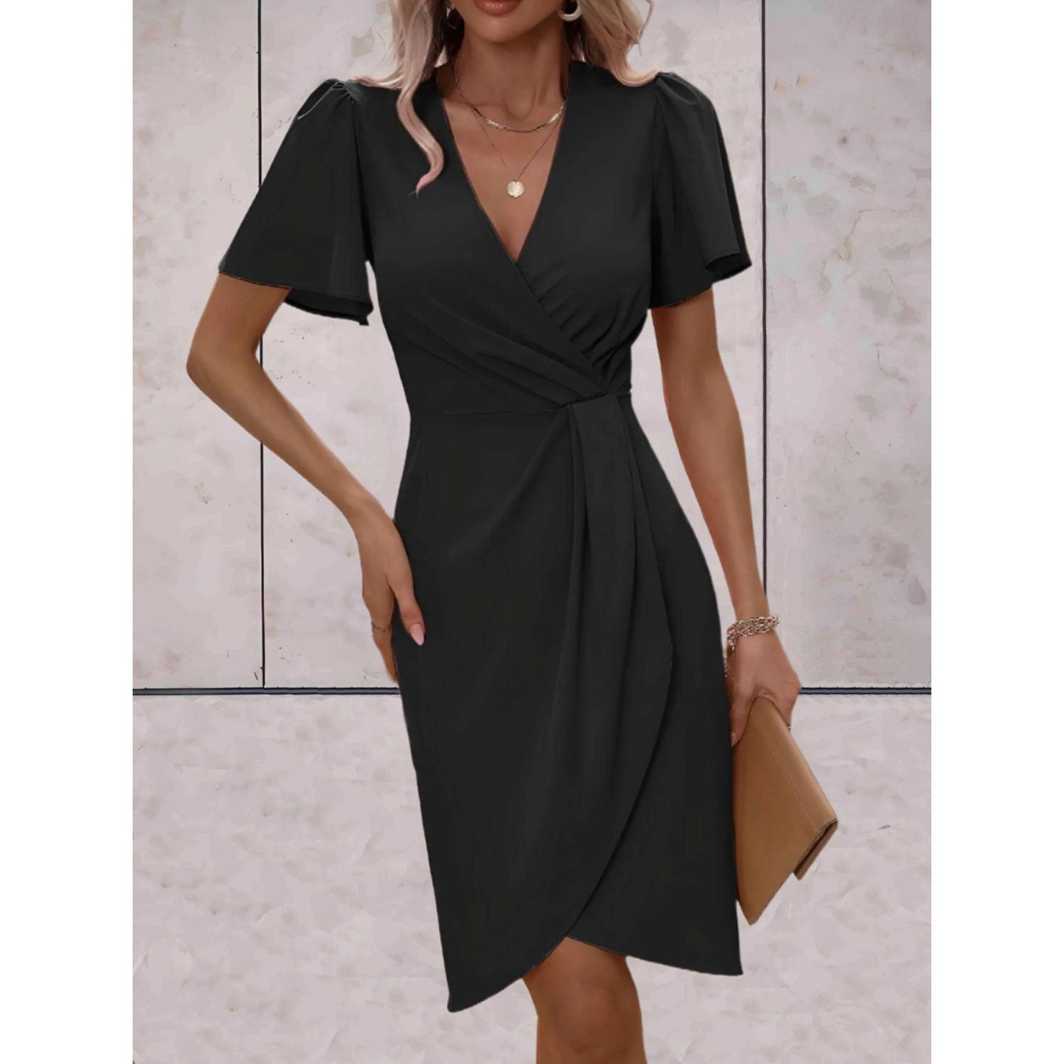 NOUVEAU RICHE Wickelkleid Elegant Festlich V Ausschnitt Fließende Ärmel Schwarz