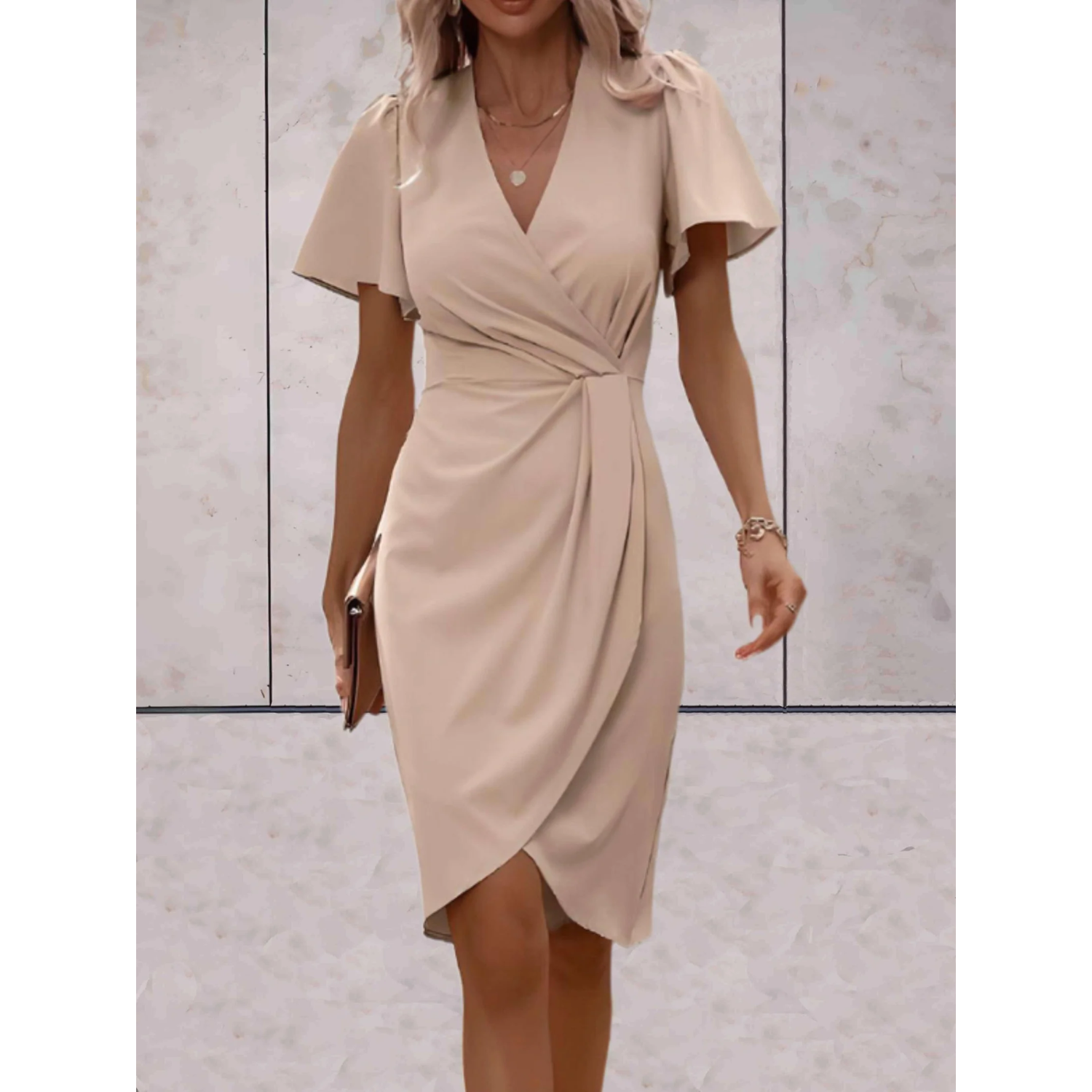 NOUVEAU RICHE Wickelkleid Elegant Festlich V Ausschnitt Fließende Ärmel Hellbraun (letzte Stücke)