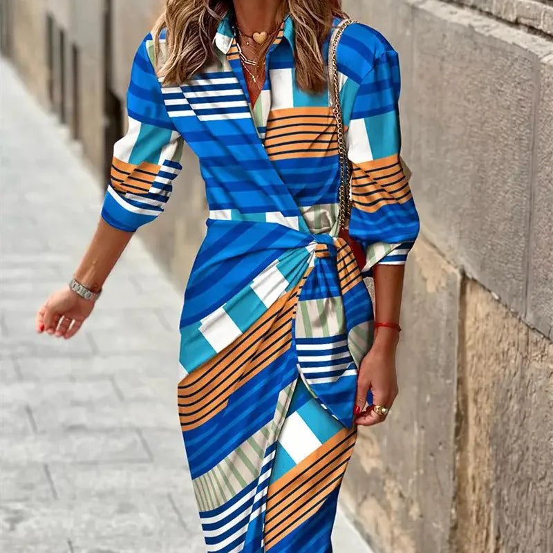 NOUVEAU RICHE Wickelkleid Midi Für Damen Dreiviertelärmeln Sommerkleid Blau und Braun gestreift