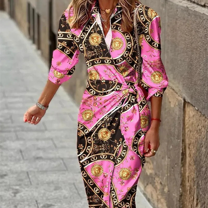NOUVEAU RICHE Wickelkleid Midi Für Damen Dreiviertelärmeln Sommerkleid Dunkelrosa Kette