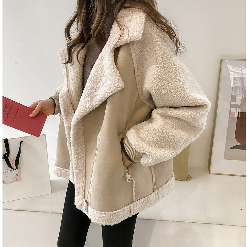 NOUVEAU RICHE Damen Wildleder Wintermantel Gefüttert Warm Eleganter Schnitt Beige