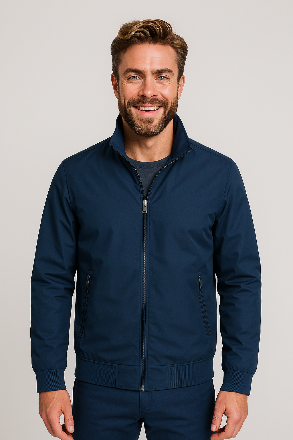 NOUVEAU RICHE Herren Windbreaker-Jacke Hoher Kragen Reißverschluss Blau