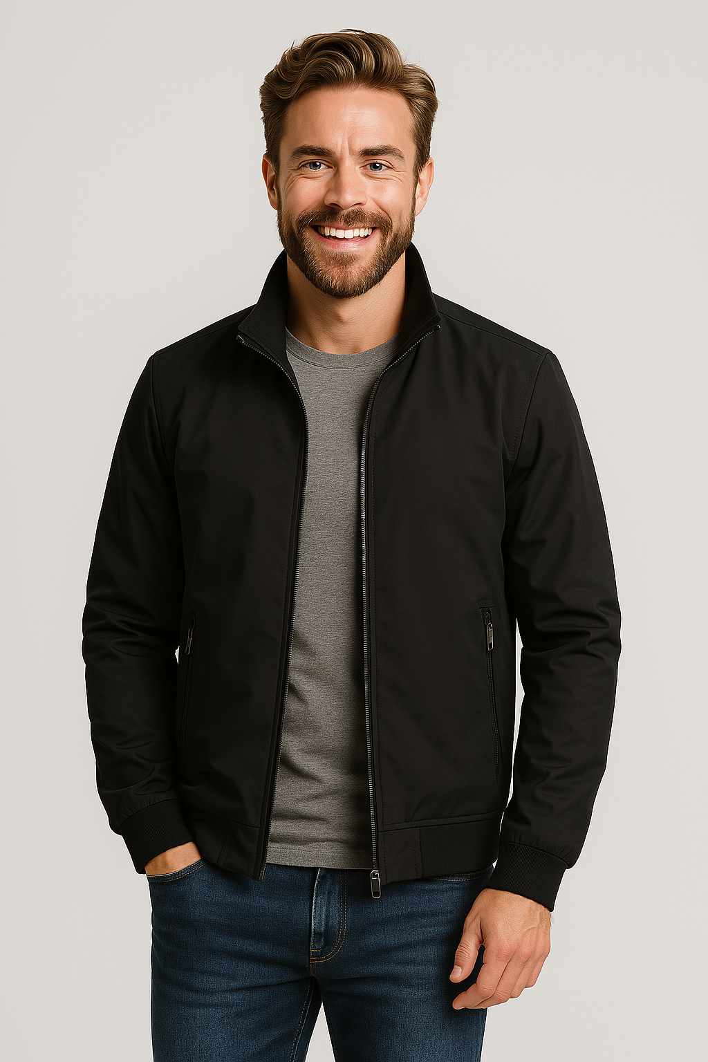 NOUVEAU RICHE Herren Windbreaker-Jacke Hoher Kragen Reißverschluss Schwarz