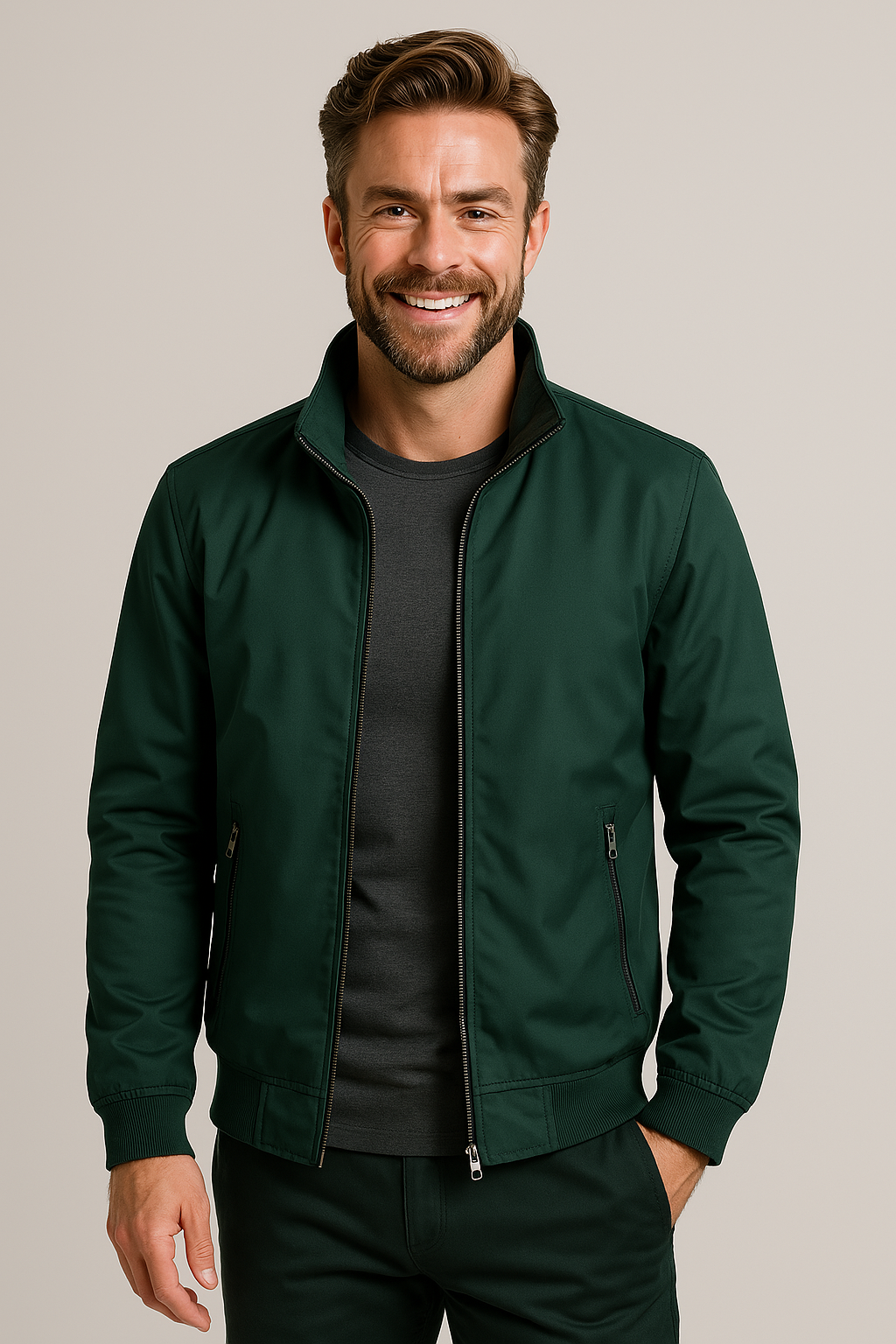 NOUVEAU RICHE Herren Windbreaker-Jacke Hoher Kragen Reißverschluss Grün