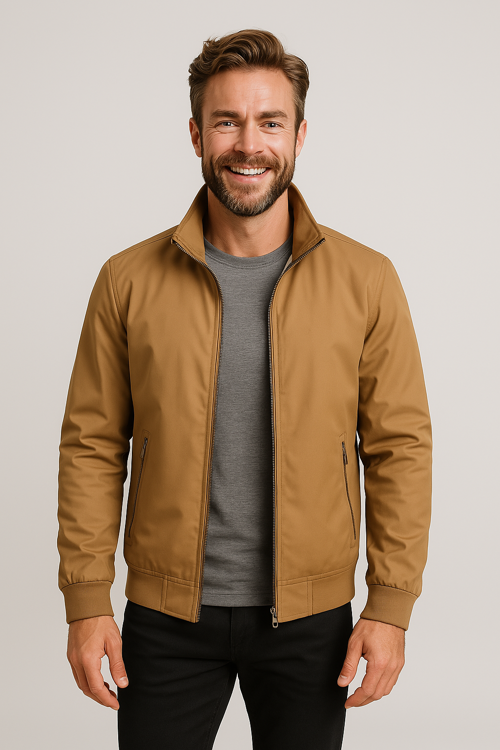 NOUVEAU RICHE Herren Windbreaker-Jacke Hoher Kragen Reißverschluss Khaki
