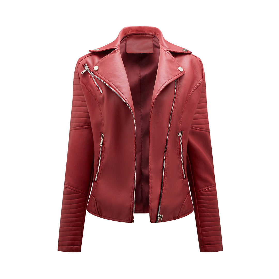 NOUVEAU RICHE Damen-Jacke Klassische PU Reißverschluss Reverskragen Rot
