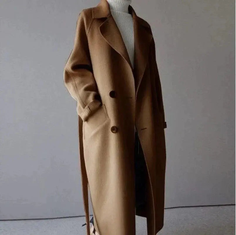 NOUVEAU RICHE Luré | Dame Langer Wollmantel mit Bindegürtel - Eleganter Wintermantel & Uldblanding Mantel Braun