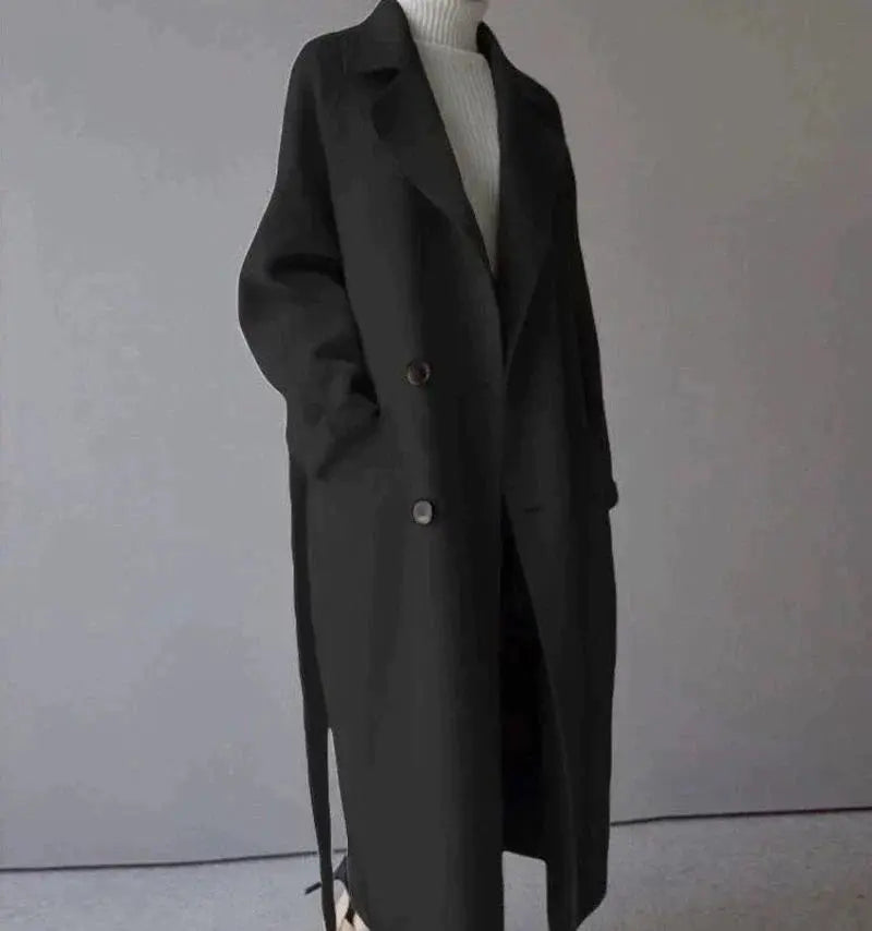 NOUVEAU RICHE Luré | Dame Langer Wollmantel mit Bindegürtel - Eleganter Wintermantel & Uldblanding Mantel Schwarz