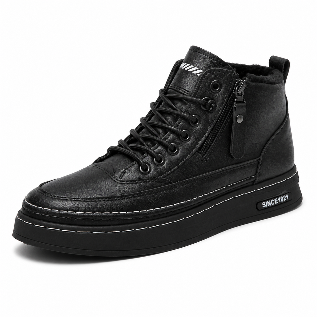 NOUVEAU RICHE Herren Winter Fleecestiefel High-Top Casual Lederschuhe Schwarz