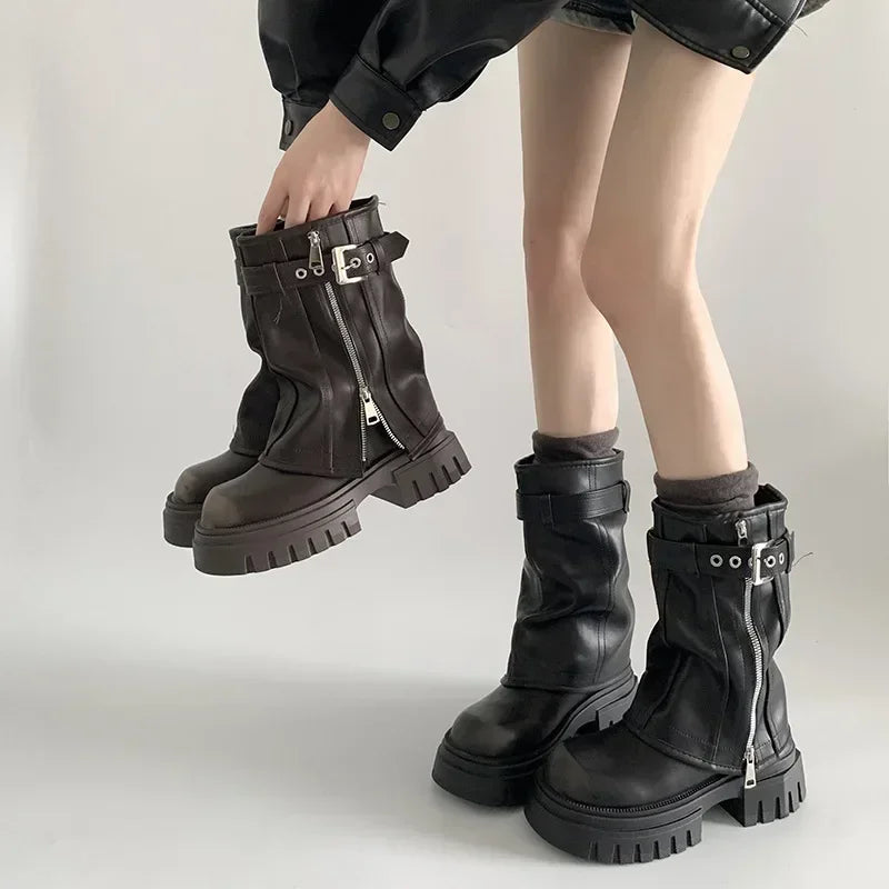 NOUVEAU RICHE Frauen Winter Biker Stiefel Damen Elegante Plattform Booties