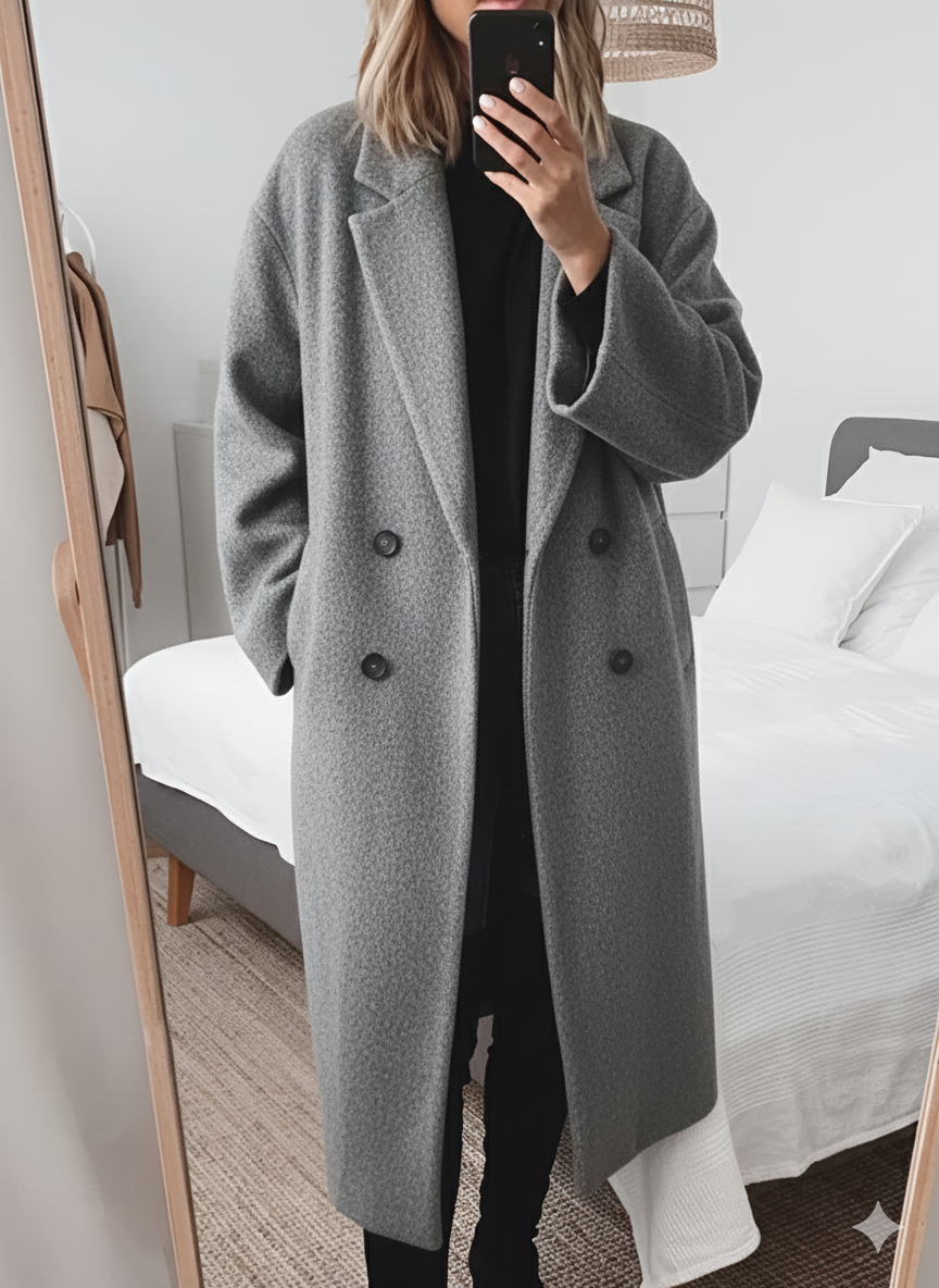 NOUVEAU RICHE Damen Winterjacke Mantel Mit Reverskragen Oversize Fit Lang Grau