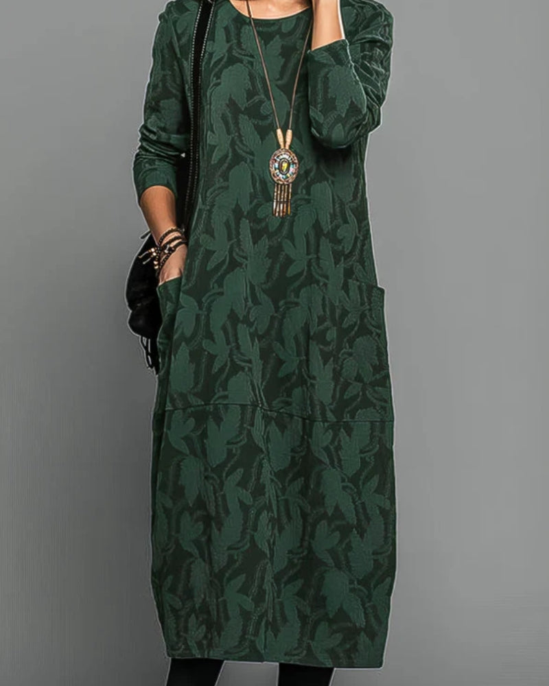 NOUVEAU RICHE Damen Winterkleid Mit Taschen Für Stil Und Funktionalität Druckdesign Grün