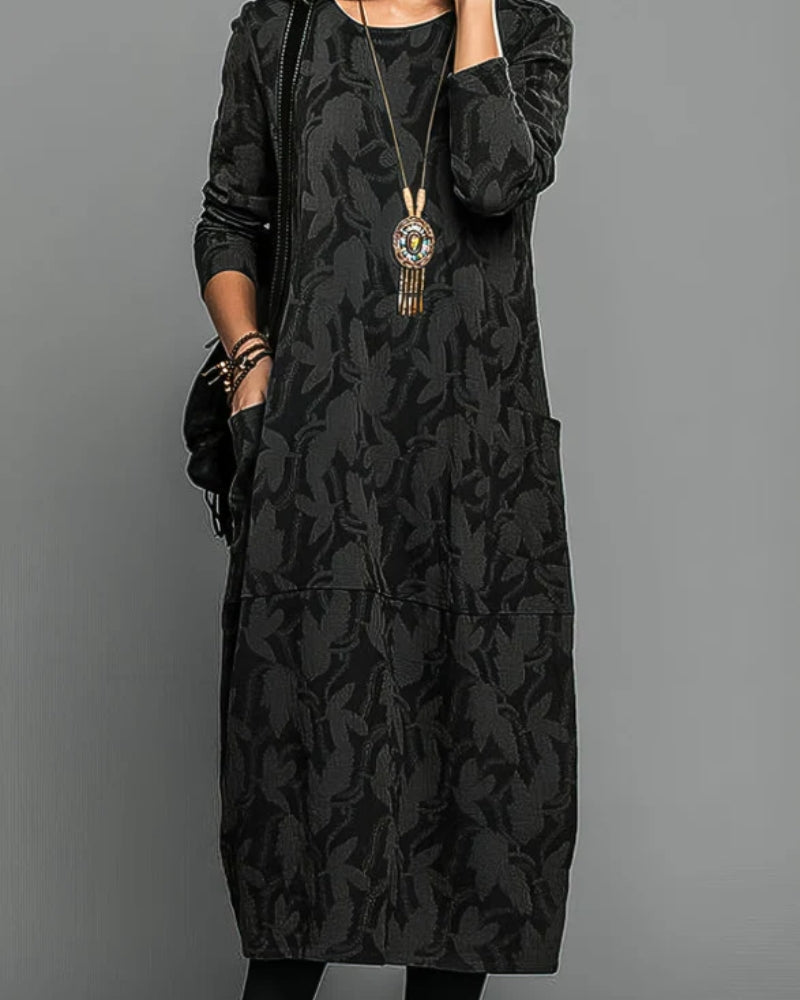 NOUVEAU RICHE Damen Winterkleid Mit Taschen Für Stil Und Funktionalität Druckdesign Schwarz