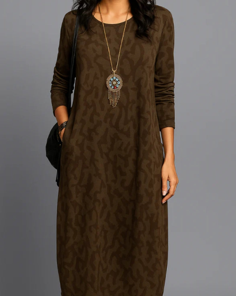 NOUVEAU RICHE Damen Winterkleid Mit Taschen Für Stil Und Funktionalität Druckdesign Braun