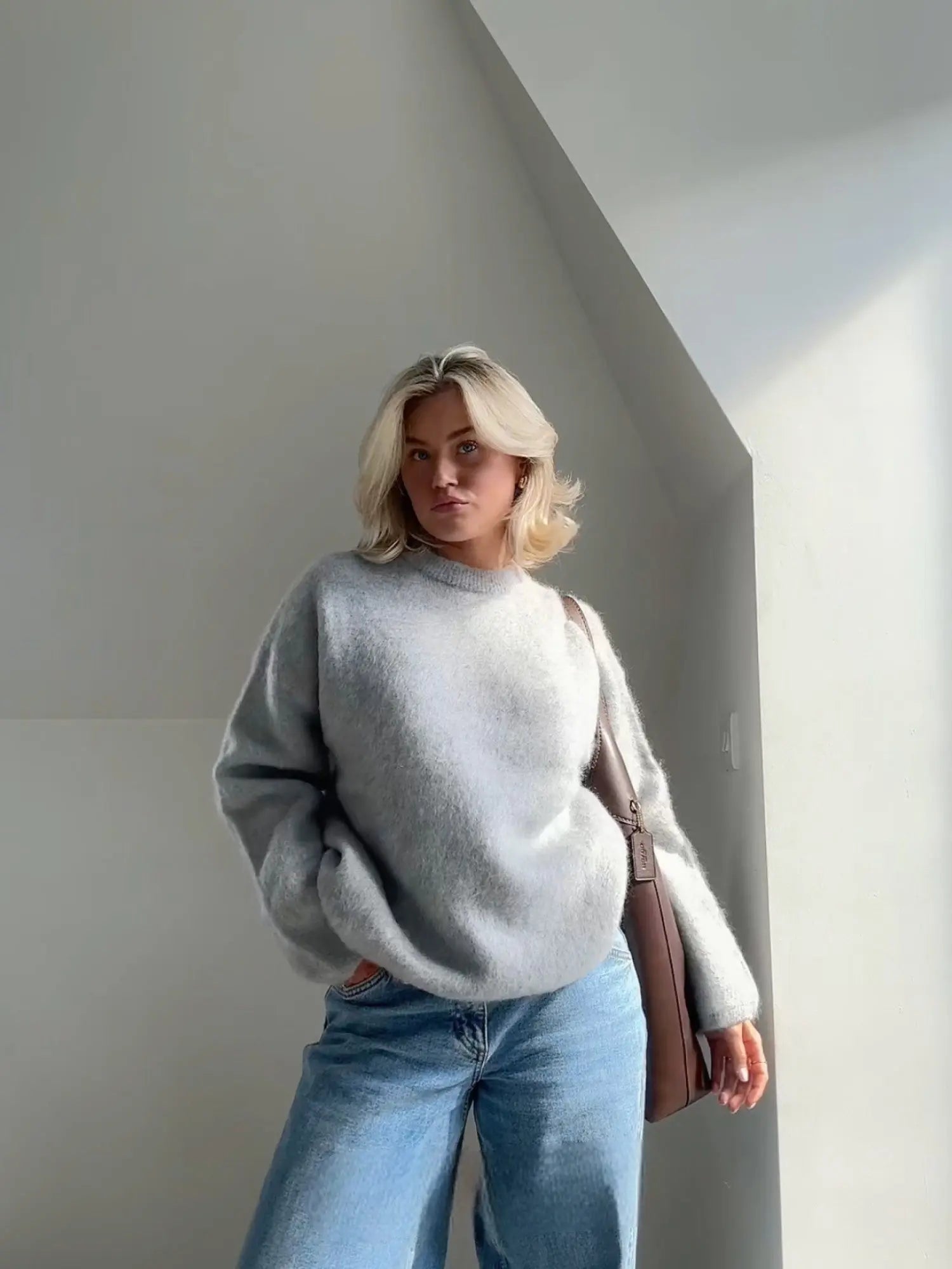NOUVEAU RICHE Sophie | Dame Mohair Pullover - Weicher Flauschiger Strik Pullover & Wollpullover Grau