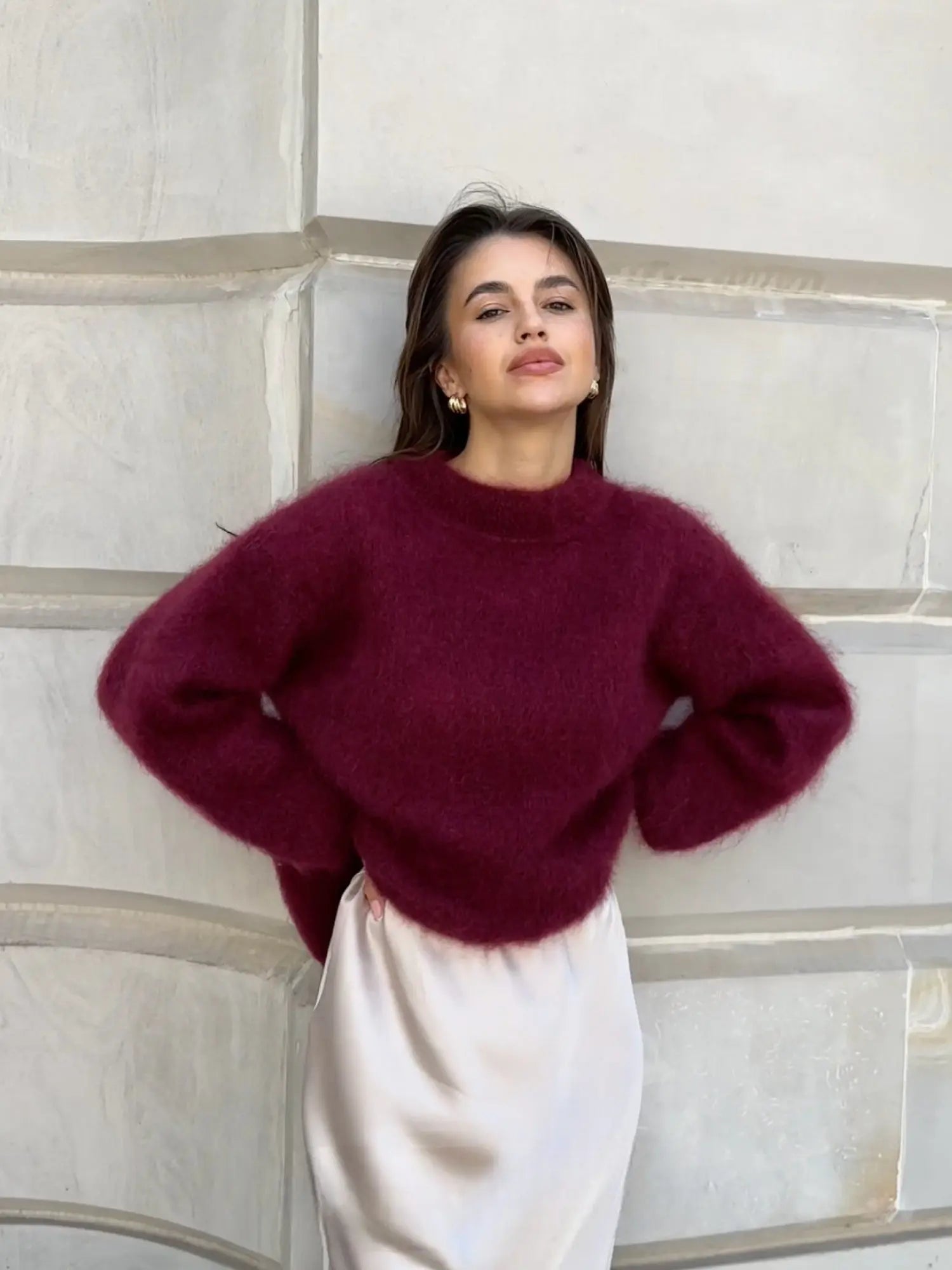 NOUVEAU RICHE Sophie | Dame Mohair Pullover - Weicher Flauschiger Strik Pullover & Wollpullover Burgundy