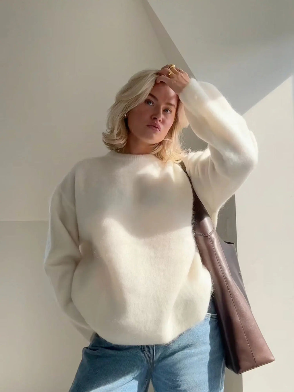 NOUVEAU RICHE Sophie | Dame Mohair Pullover - Weicher Flauschiger Strik Pullover & Wollpullover Creme