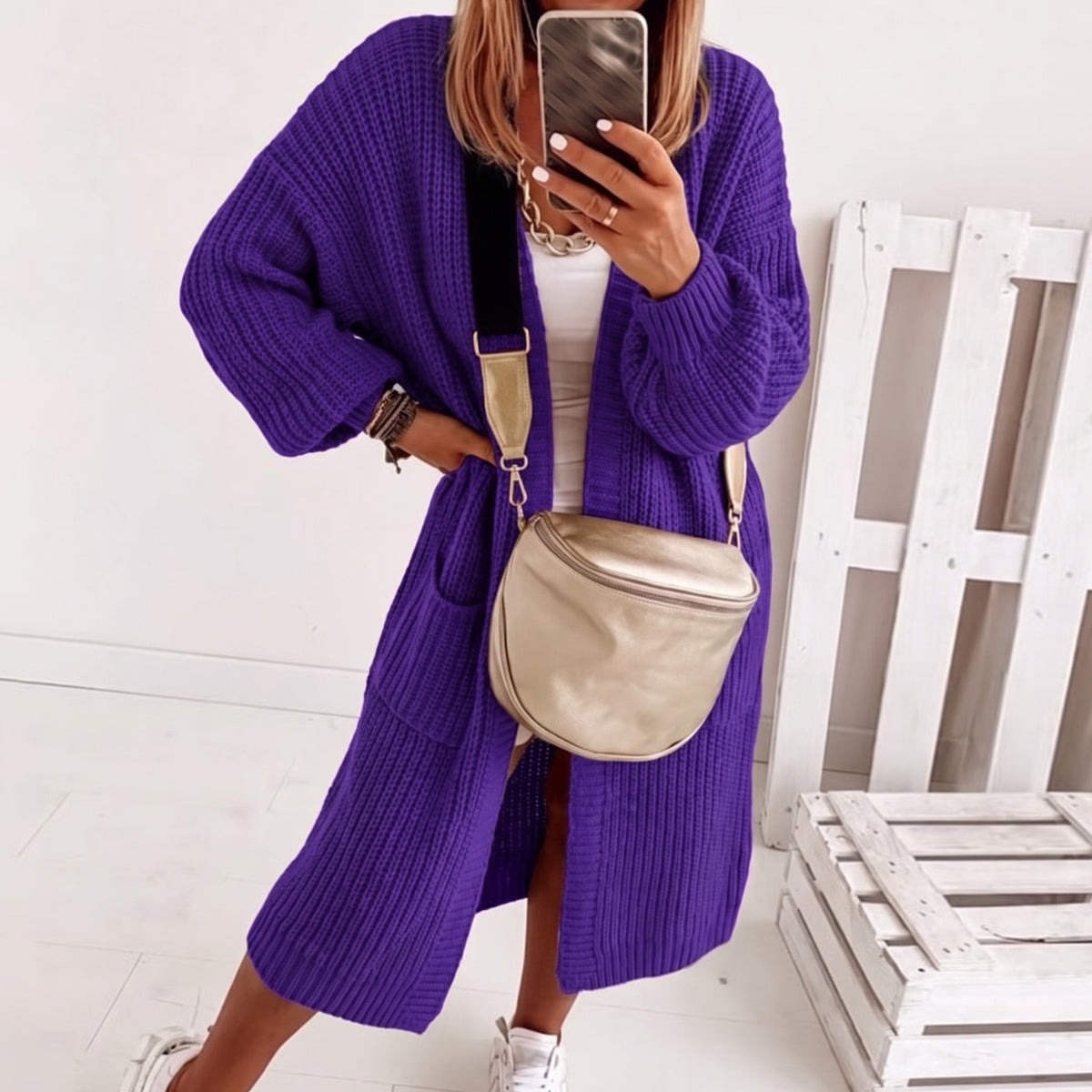 NOUVEAU RICHE Dôre | Oversize Strickjacke für Damen mit offener Front und Ballonärmeln Lila