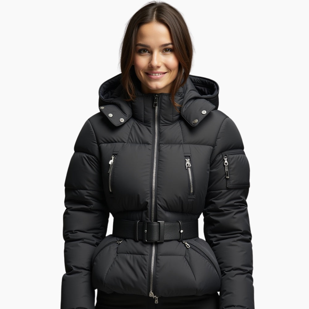 NOUVEAU RICHE Damen Isolierte Schwarze Gurt-Ski-Jacke für Ultimative Wärme
