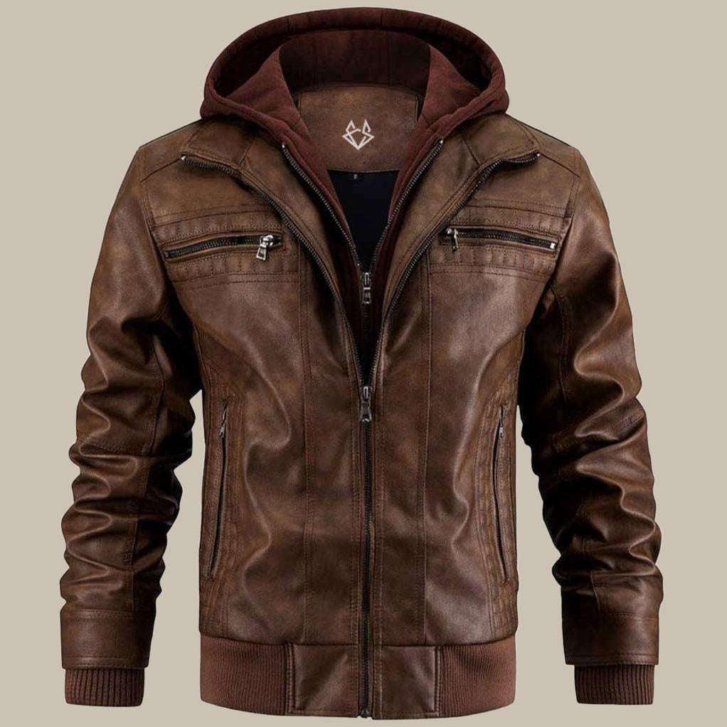 NOUVEAU RICHE Lederjacke mit Kapuze Herren Schwarz Großgrößen Modern