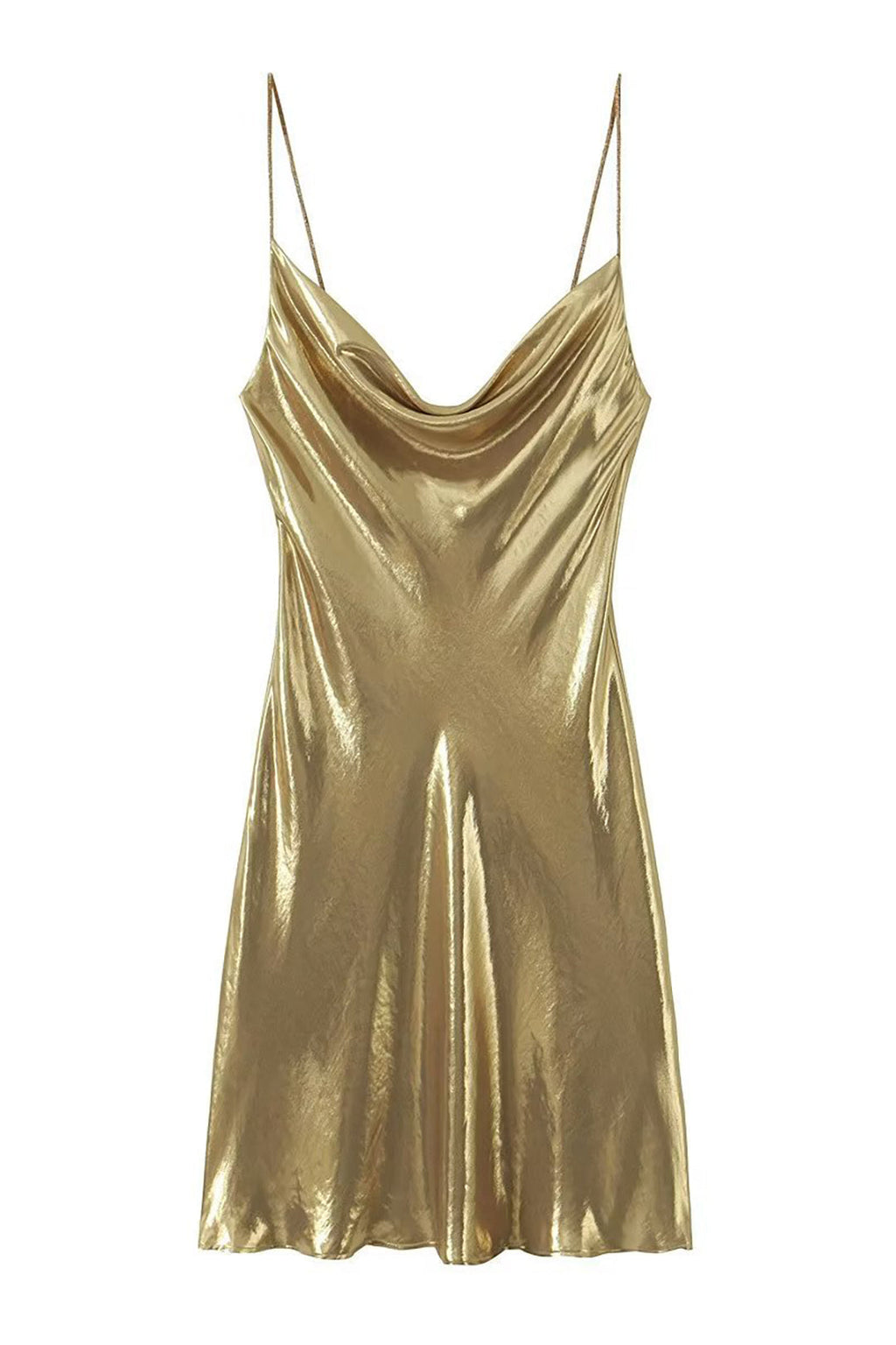 NOUVEAU RICHE Y2k Metallisches Slip Minikleid Mit Wasserfallausschnitt GOLD