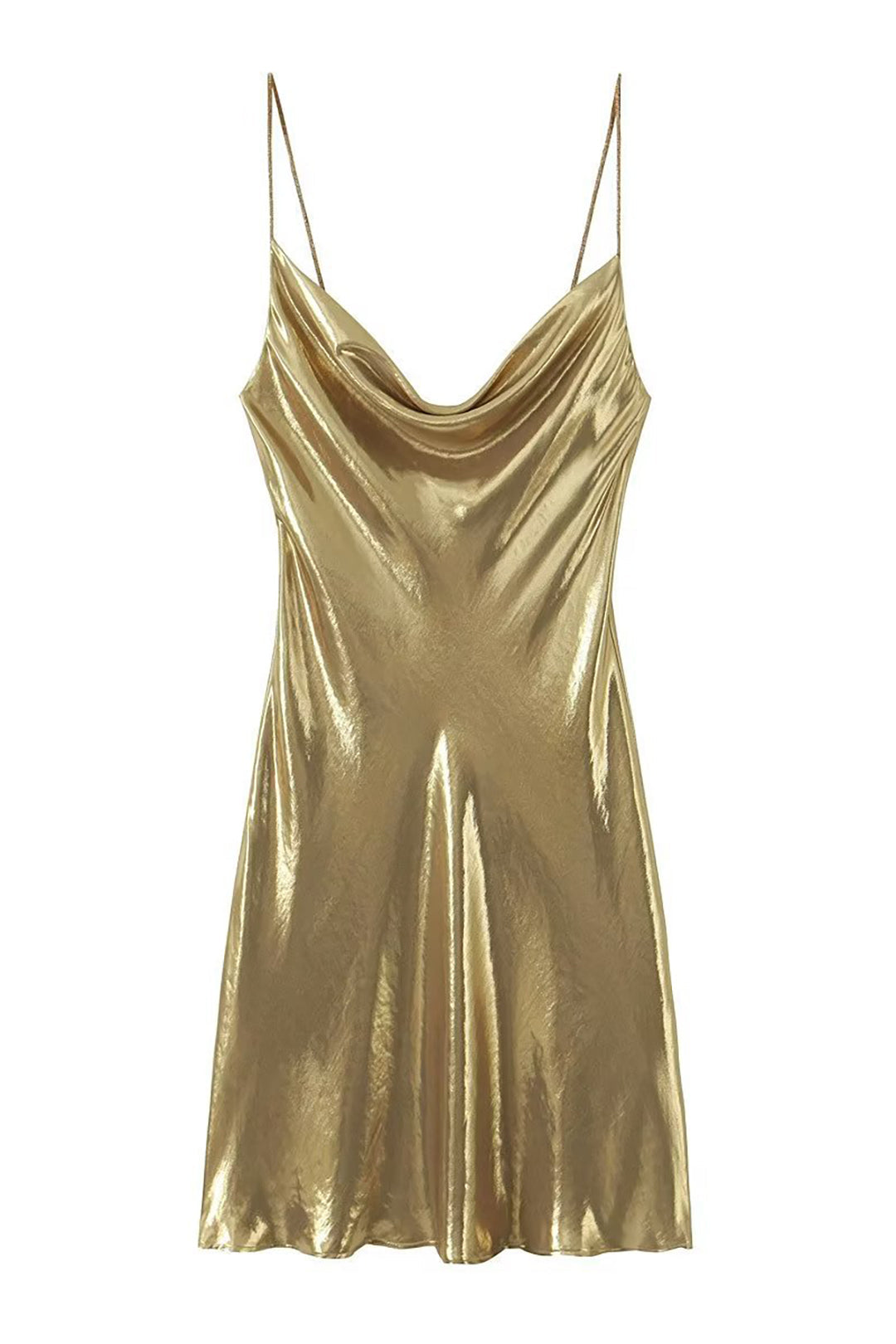 NOUVEAU RICHE Y2k Metallisches Slip Minikleid Mit Wasserfallausschnitt GOLD