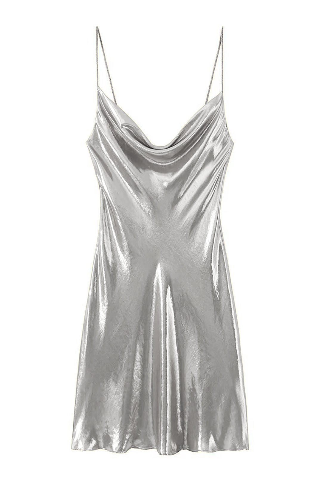 NOUVEAU RICHE Y2k Metallisches Slip Minikleid Mit Wasserfallausschnitt SILBER
