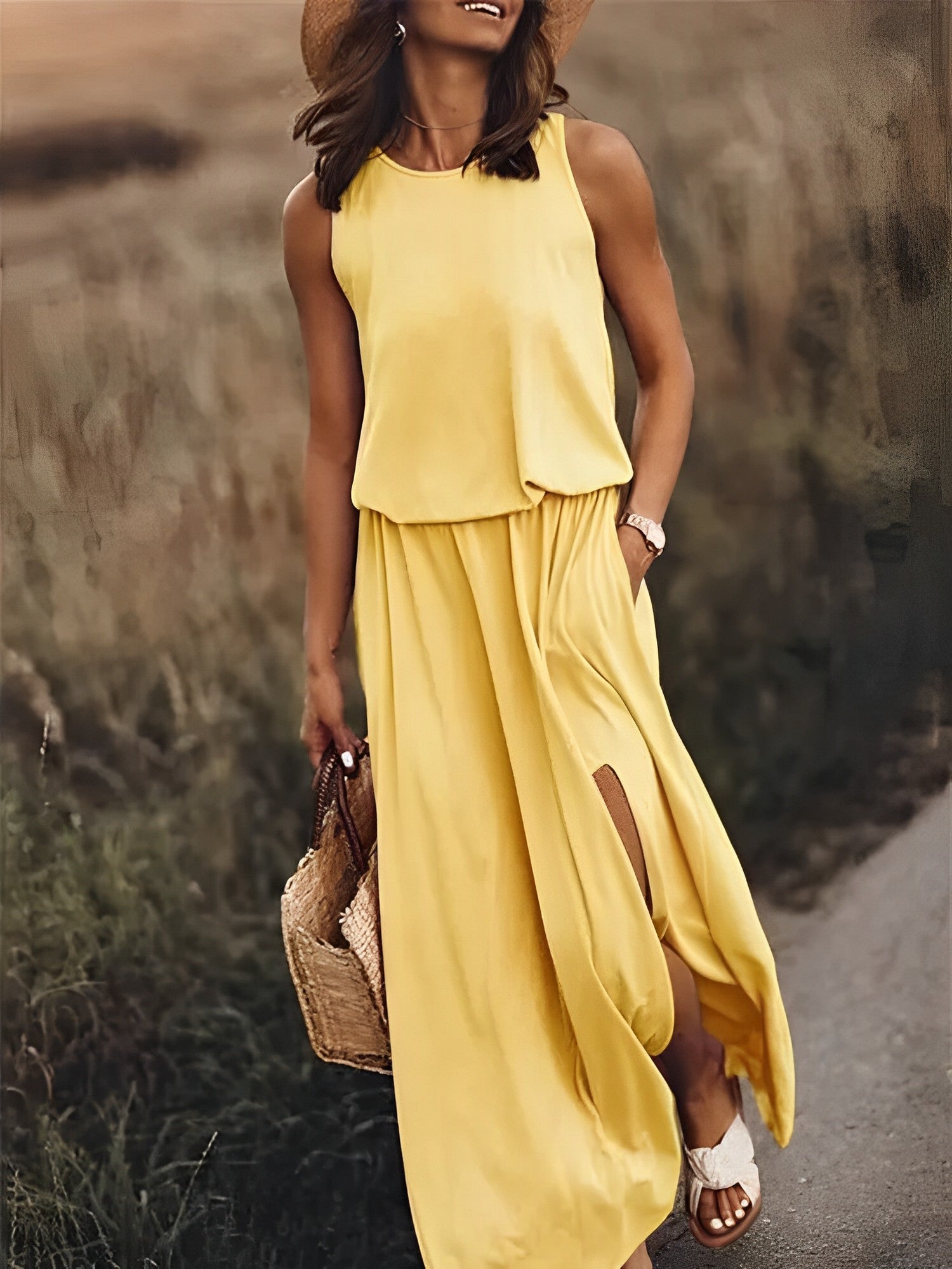 NOUVEAU RICHE Maxikleid Damen Boho Weiß Ohne Ärmel Schlitz Sommer Strand Gelb