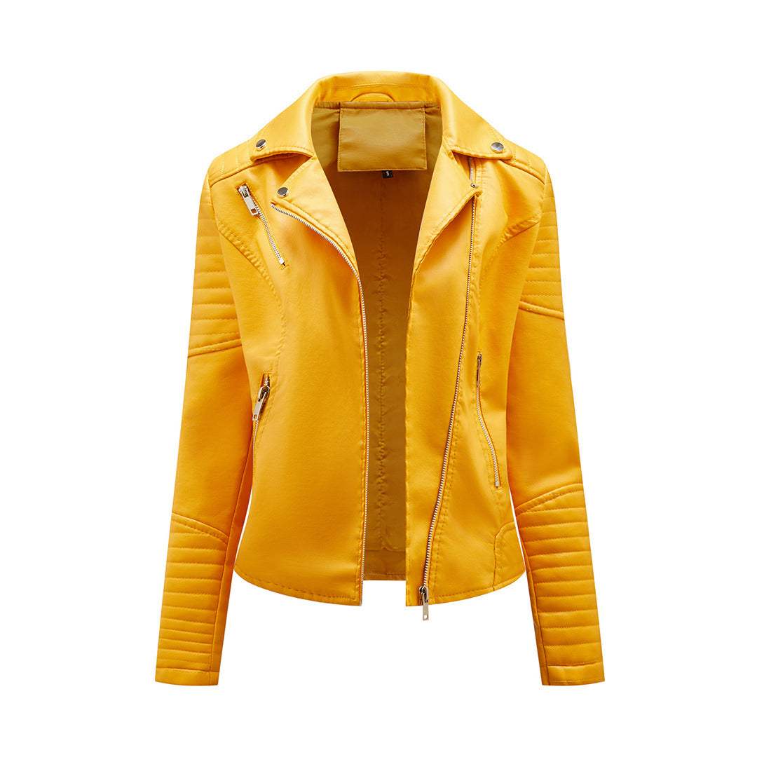 NOUVEAU RICHE Damen-Jacke Klassische PU Reißverschluss Reverskragen Gelb