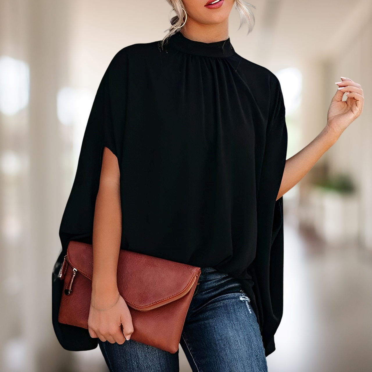 NOUVEAU RICHE Beya | Damen Bluse – Ausgestellter Schnitt, Vielseitig Tragbar & Edler Stil Schwarz
