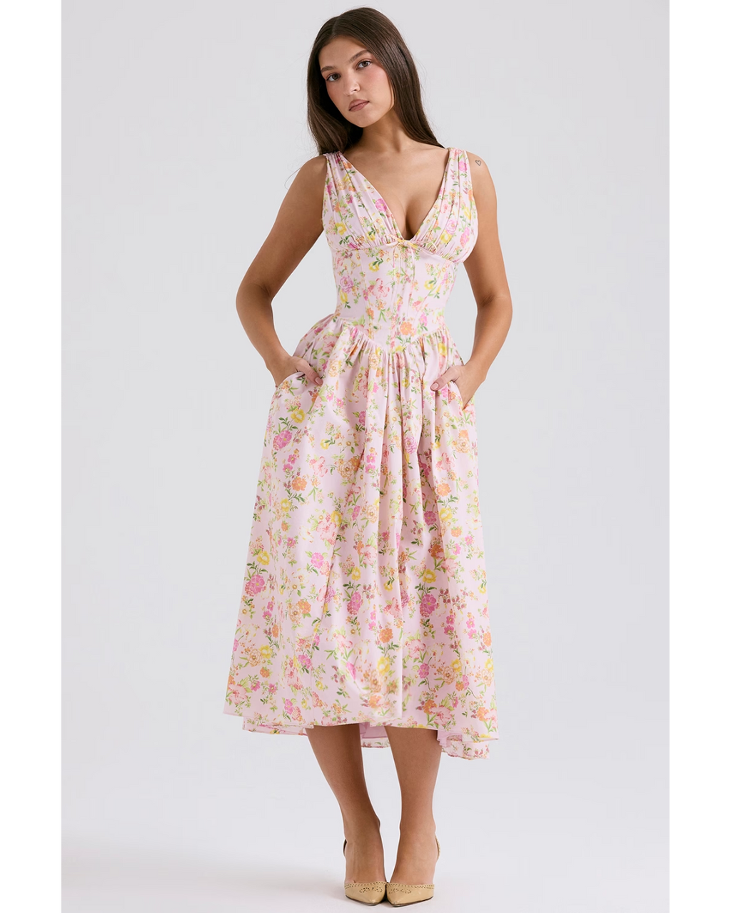 NOUVEAU RICHE Zeitloses Blumen Midi Kleid Mit Fließendem Schnitt Und Muster Rosa floral