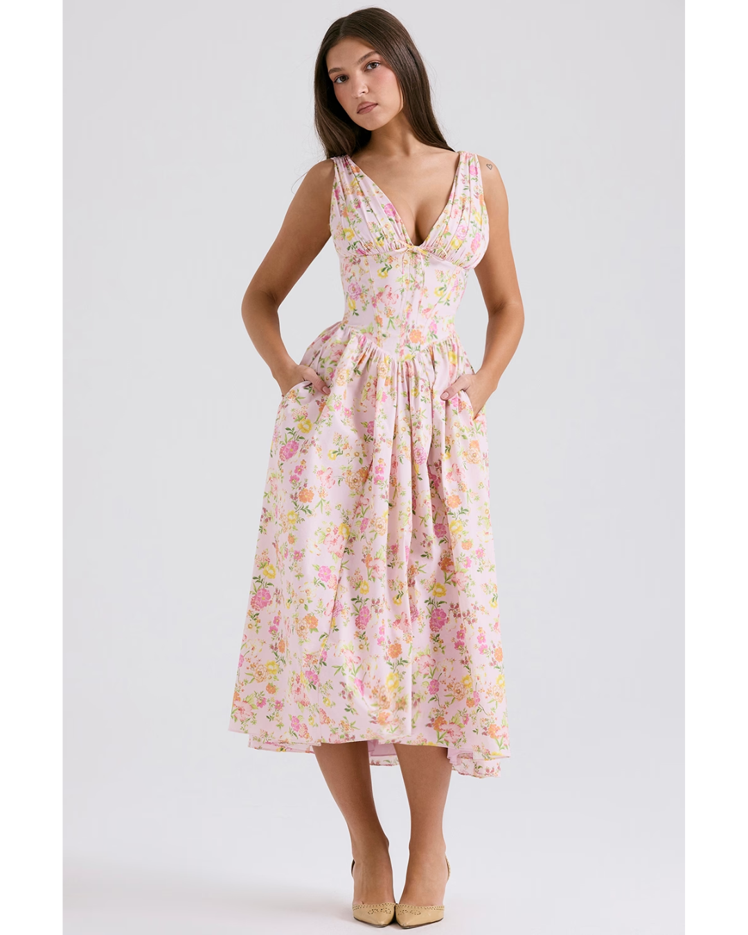 NOUVEAU RICHE Zeitloses Blumen Midi Kleid Mit Fließendem Schnitt Und Muster Rosa floral