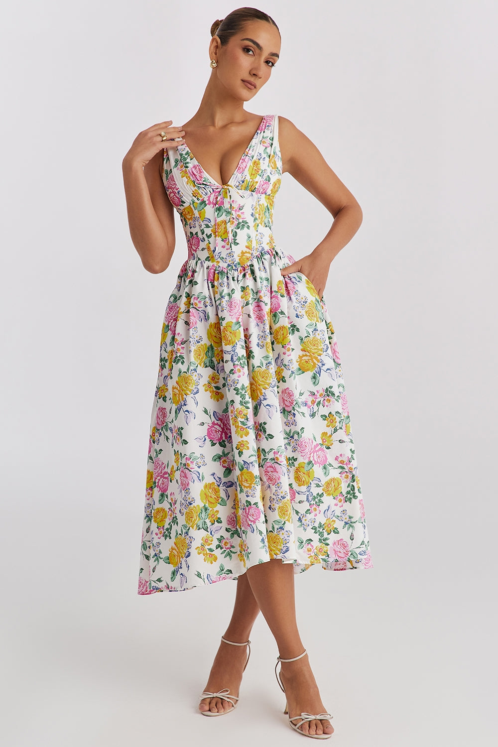 NOUVEAU RICHE Zeitloses Blumen Midi Kleid Mit Fließendem Schnitt Und Muster Gelb floral