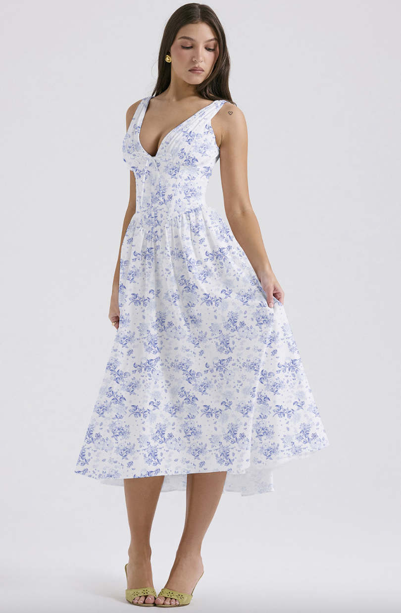 NOUVEAU RICHE Zeitloses Blumen Midi Kleid Mit Fließendem Schnitt Und Muster Blau floral