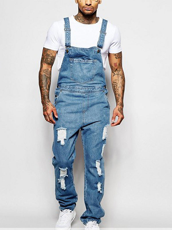 NOUVEAU RICHE Zerrissener Verwaschener Denim Overall im Used Look für Damen aus 100 Prozent Baumwolle mit Schmaler Passform und 5 Funktionstaschen Blau