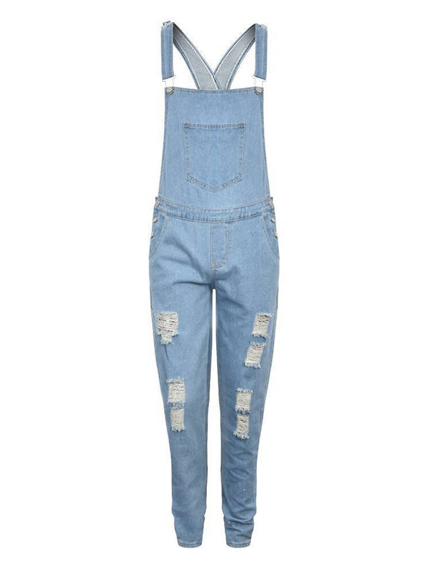 NOUVEAU RICHE Zerrissener Verwaschener Denim Overall im Used Look für Damen aus 100 Prozent Baumwolle mit Schmaler Passform und 5 Funktionstaschen