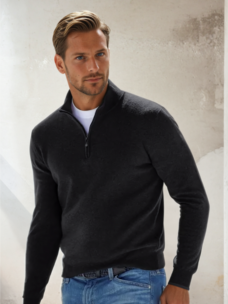 NOUVEAU RICHE Hommes | Eleganter Herren Zip-Pullover mit Stehkragen & Reißverschluss - Moderner Troyer Strickpullover, Bequemer Feinstrick Half-Zip Pulli für Business & Freizeit Schwarz